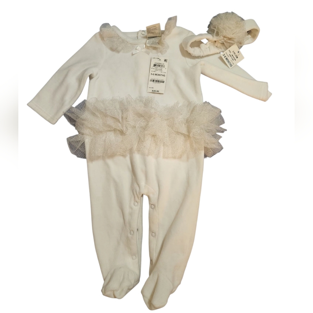 First Impressions Cozy Eggshell White Baby One Piece w Tulle Accents & Headband